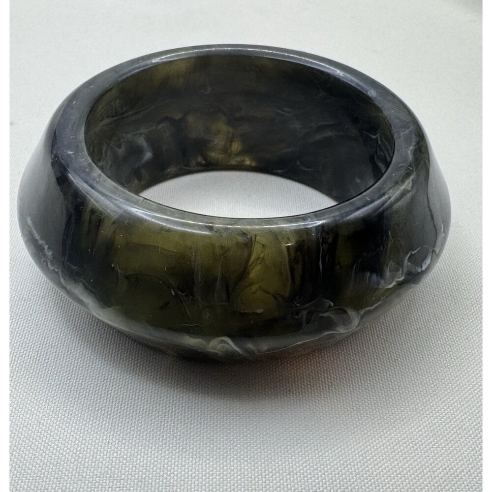 Chunky Statement Bangle Bracelet Green Olive Gray Swirl Wide Retro Acrylic 8